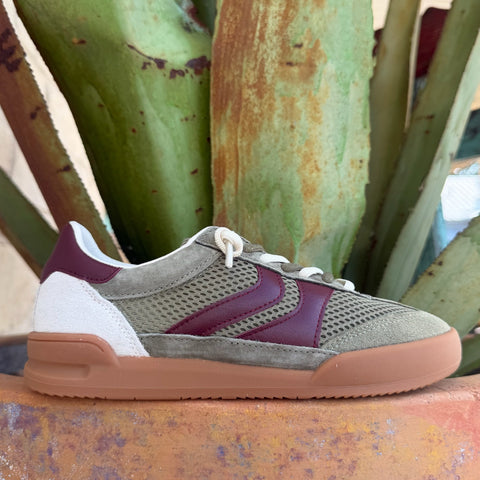 Women's olive and burgundy 2-tone mesh tennis sneaker with lace-up closure and cushioned sole — Blair's Western Wear Marble Falls TX