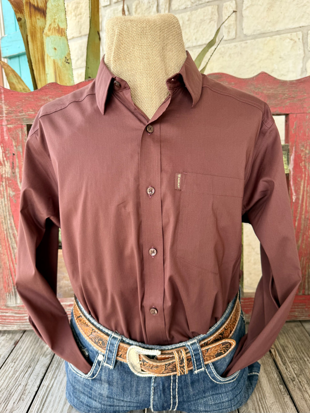 Men's solid chocolate brown long sleeve shirt with a pointed collar, tonal button front, and single chest pocket — Blair's Western Wear Marble Falls TX