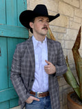 Men's black and white small-plaid sport coat with notch lapels, dark front buttons, welt chest pocket, lower flap pockets, and long sleeves — Blair's Western Wear Marble Falls TX