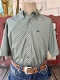 Men's olive green short sleeve button-front Western shirt with all-over black and white floral geometric print and embroidered Cinch chest logo — Blair's Western Wear Marble Falls TX

