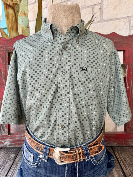 Men's olive green short sleeve button-front Western shirt with all-over black and white floral geometric print and embroidered Cinch chest logo — Blair's Western Wear Marble Falls TX

