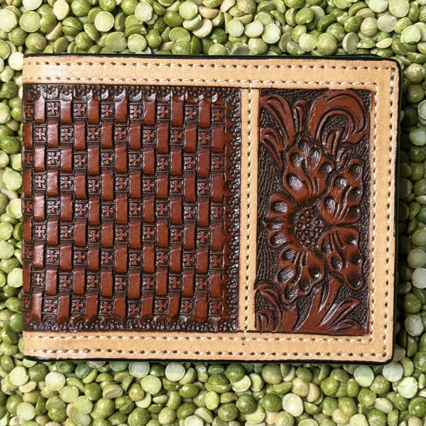 Men's Bifold Basketweave Cross & Floral Scroll Tooled Leather Wallet