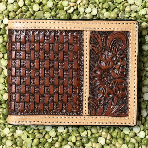 Men's Bifold Basketweave Cross & Floral Scroll Tooled Leather Wallet