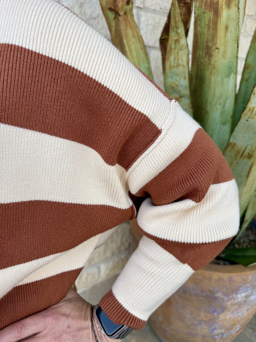 Women's Cream and Brown Striped Ribbed Knit Sweater