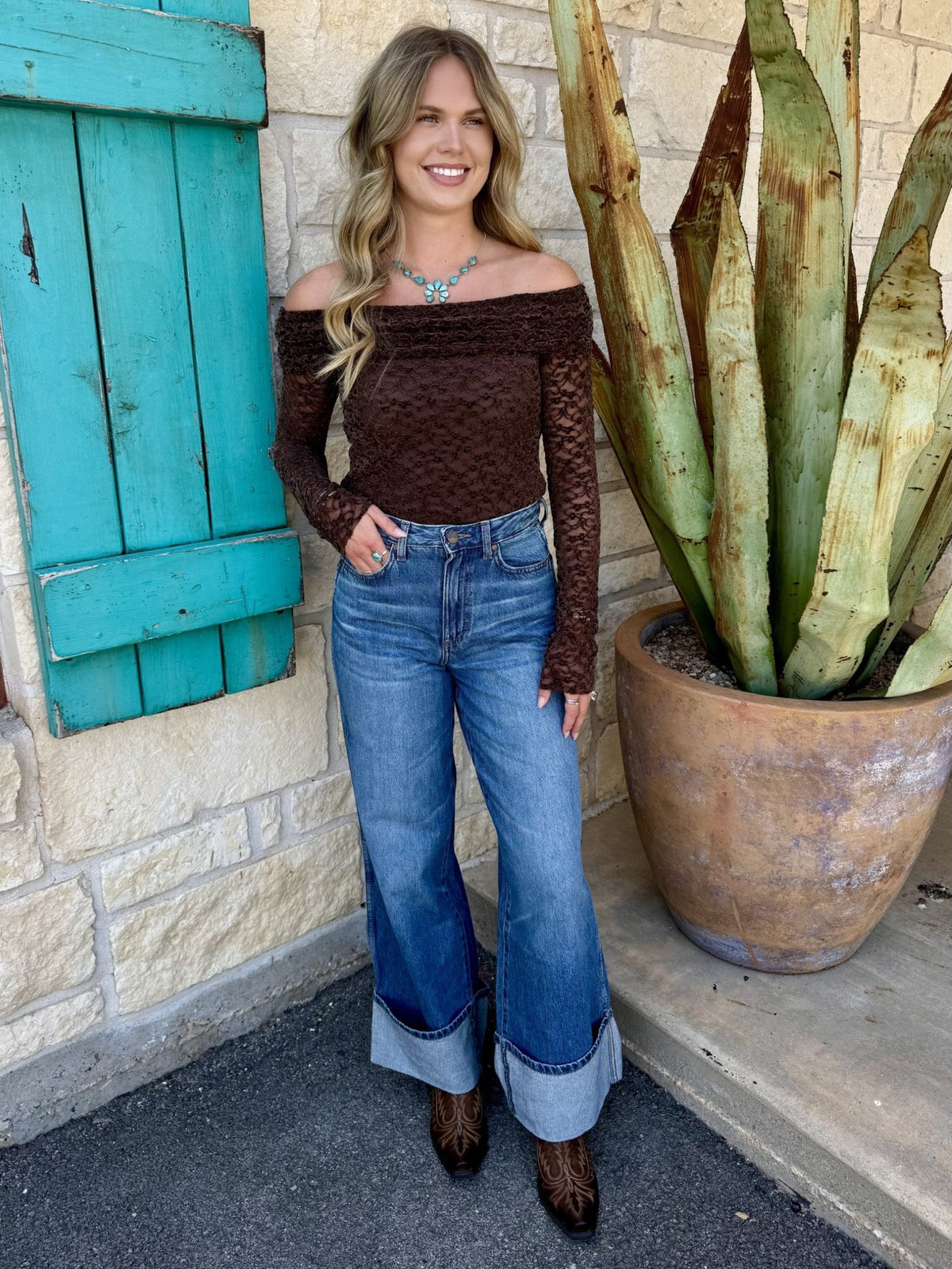 Women's Long Sleeve Off-Shoulder Burnout Lace Top
