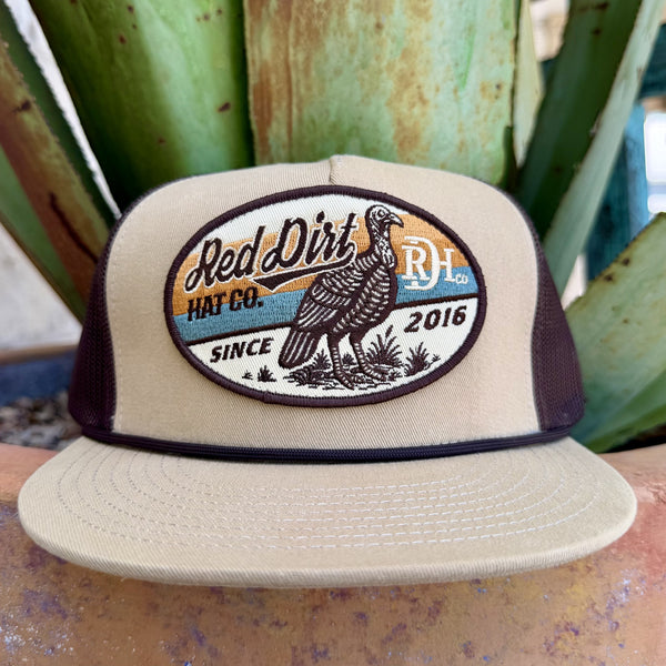 Men's tan and brown mesh trucker cap with embroidered turkey graphic — Blair's Western Wear Marble Falls TX