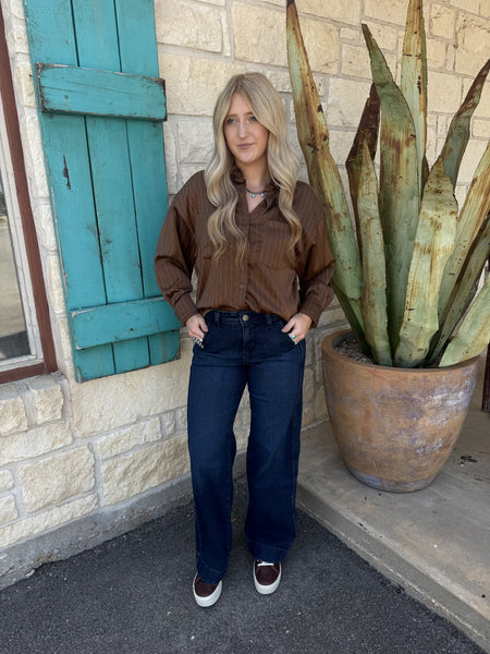 Women's Long Sleeve Pinstripe Button-Front Top