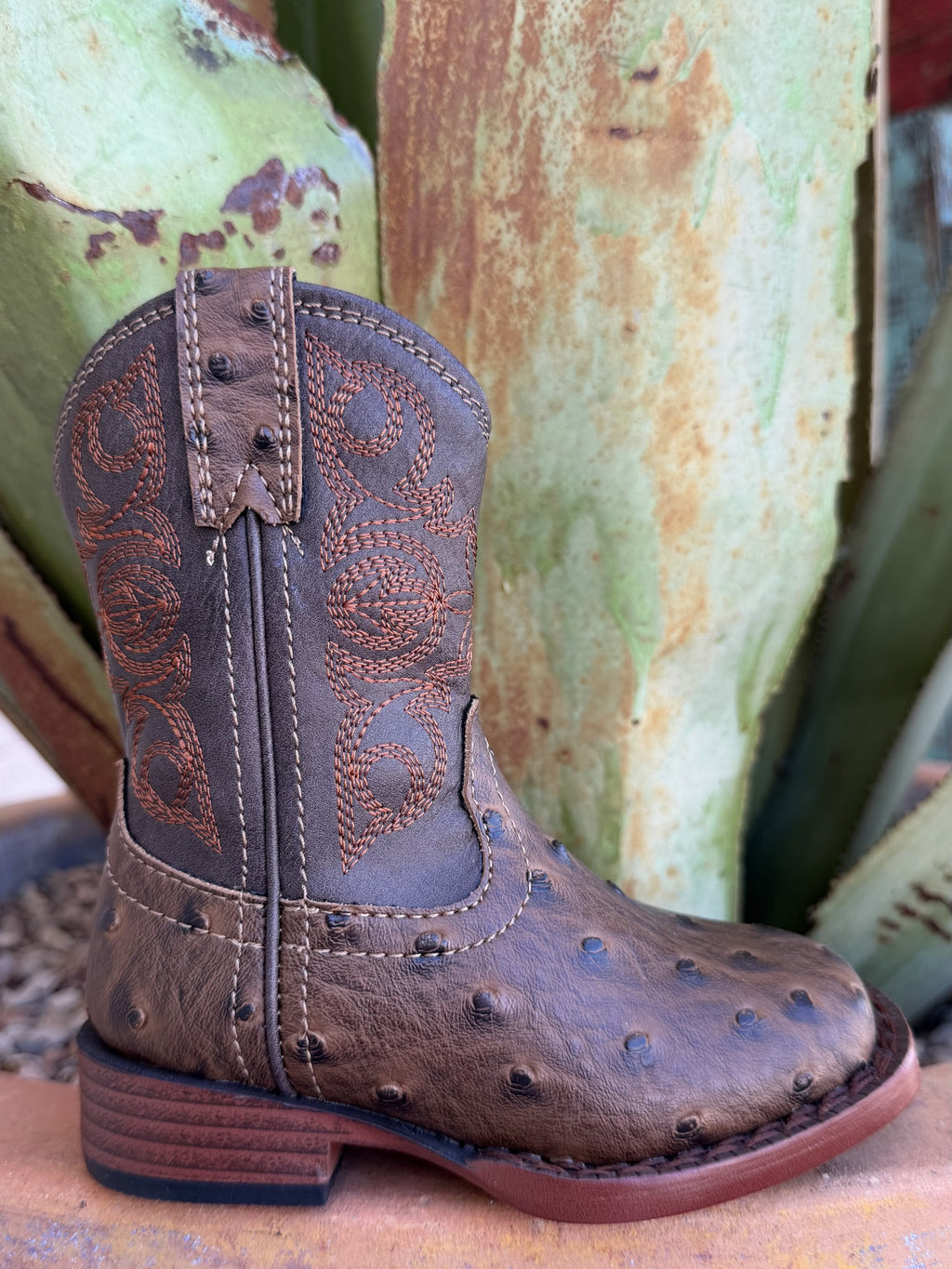 Kids' chocolate faux-ostrich square-toe boot with dark embroidered shaft, pull tab and brown heel — Blair's Western Wear Marble Falls TX