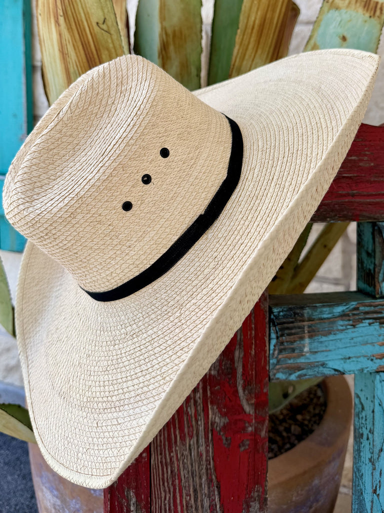 Sunbody natural palm straw western straw hat with wide 5-inch brim, top view — Blair's Western Wear Marble Falls TX