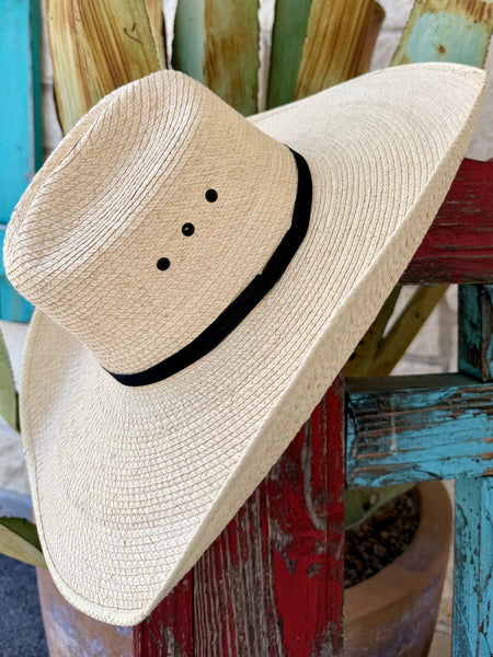 Sunbody natural palm straw western straw hat with wide 5-inch brim, top view — Blair's Western Wear Marble Falls TX