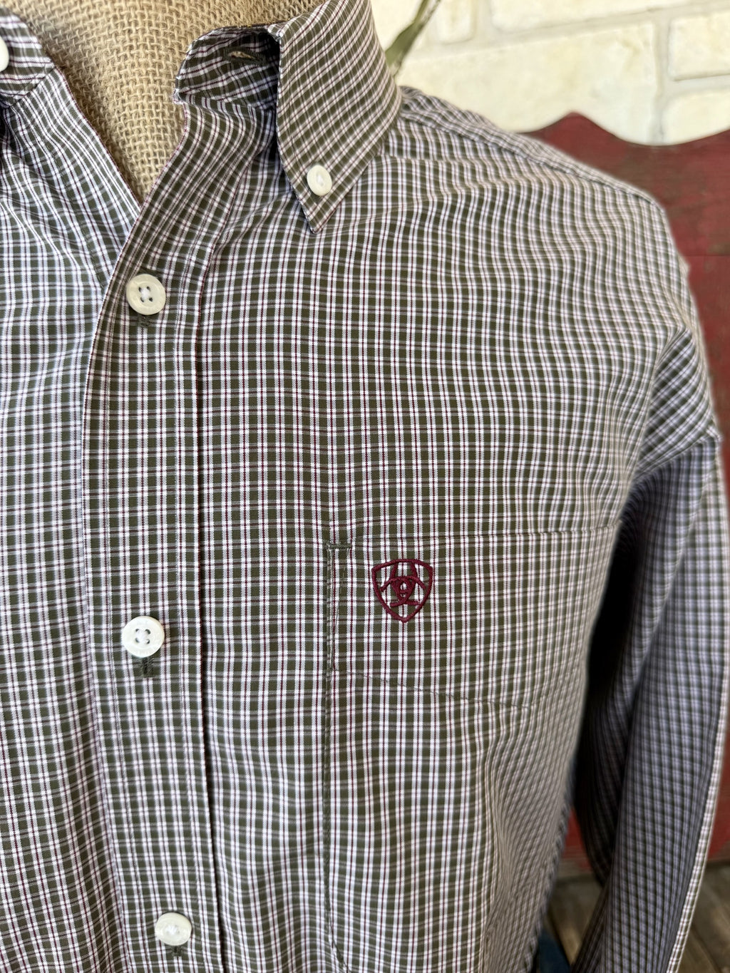 Men's Ariat Olive & Wine Plaid Long Sleeve Shirt