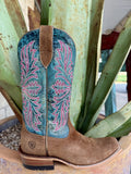 Women's Western boot with a textured brown foot, teal shaft, pink-and-white scroll embroidery, square toe, brown pull tab, and layered heel — Blair's Western Wear Marble Falls TX