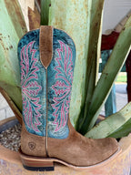 Women's Western boot with a textured brown foot, teal shaft, pink-and-white scroll embroidery, square toe, brown pull tab, and layered heel — Blair's Western Wear Marble Falls TX