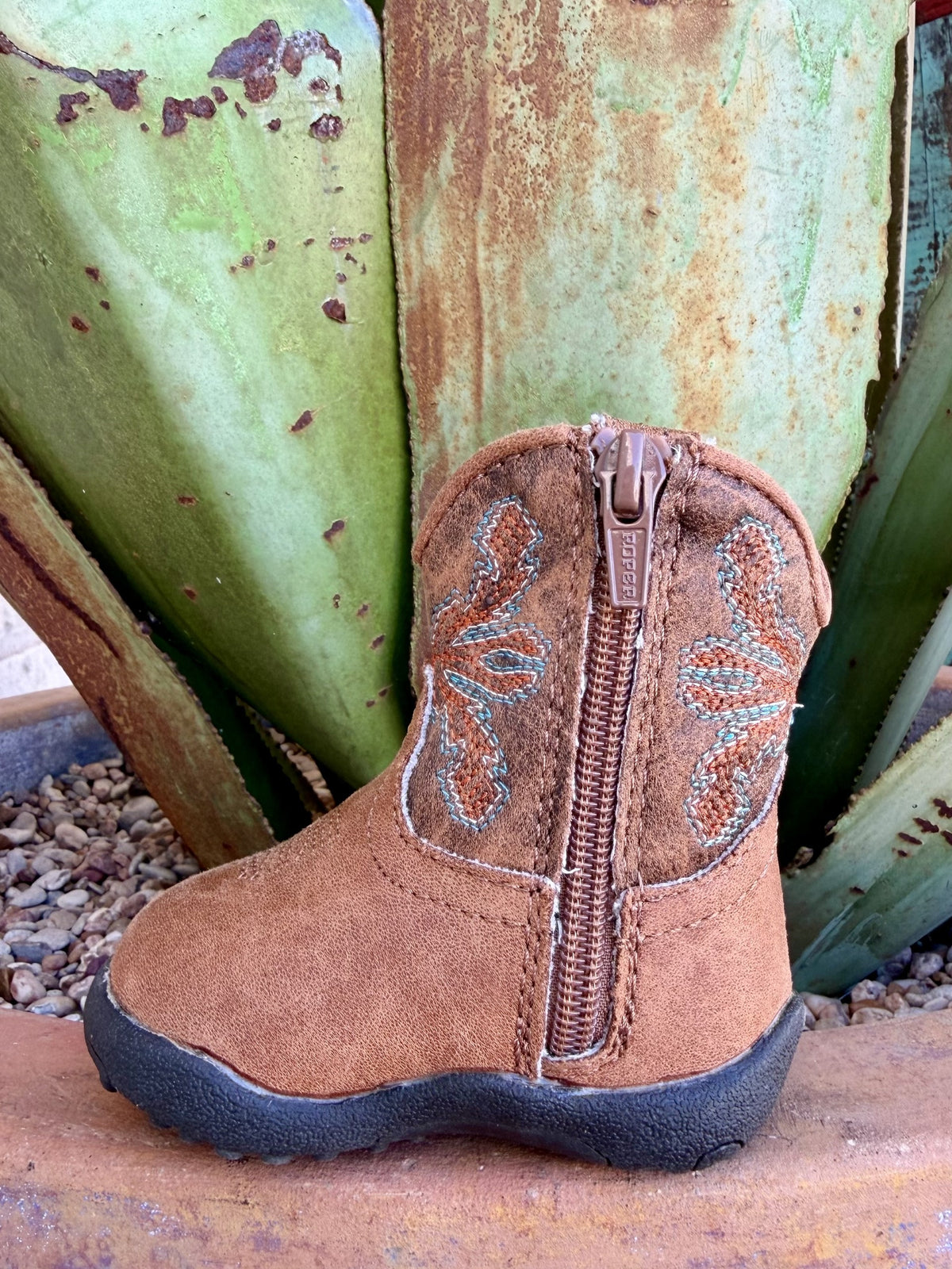 Infant Brown Embroidered Zip Western Boots