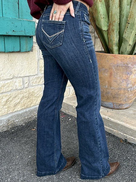 Women’s Ariat Jeans Bootcut Denim in dark wash, flattering bootcut silhouette with embroidered back pockets - 10072977. Available at Blair's Western Wear, Marble Falls, TX.