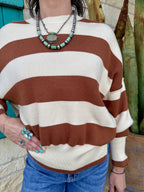 Women's Cream and Brown Striped Ribbed Knit Sweater
