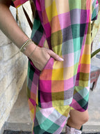Multicolor Plaid V-Neck Short Sleeve Shift Dress