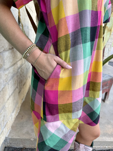 Multicolor Plaid V-Neck Short Sleeve Shift Dress