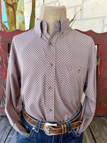 Men's tan and brown geometric print long sleeve button-up shirt with point collar and single chest pocket, front view — Blair's Western Wear Marble Falls TX