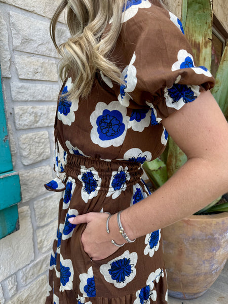 Retro Floral Short Sleeve Midi Dress