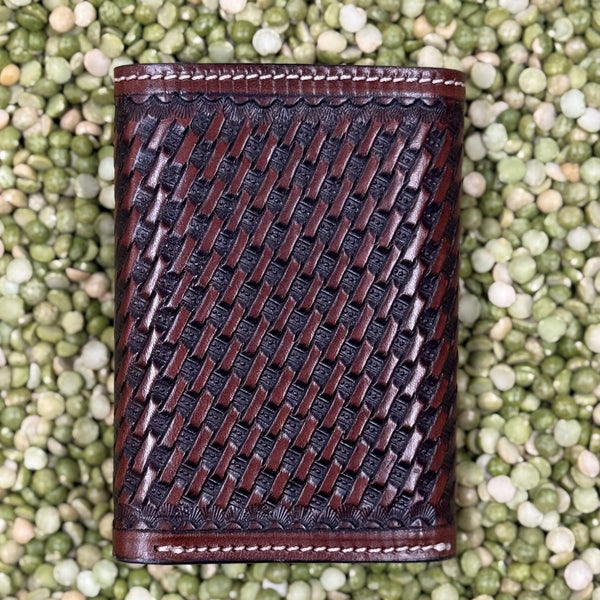 Men's Basketweave Tooled Aztec-Inspired Beaded Inlay Trifold Wallet
