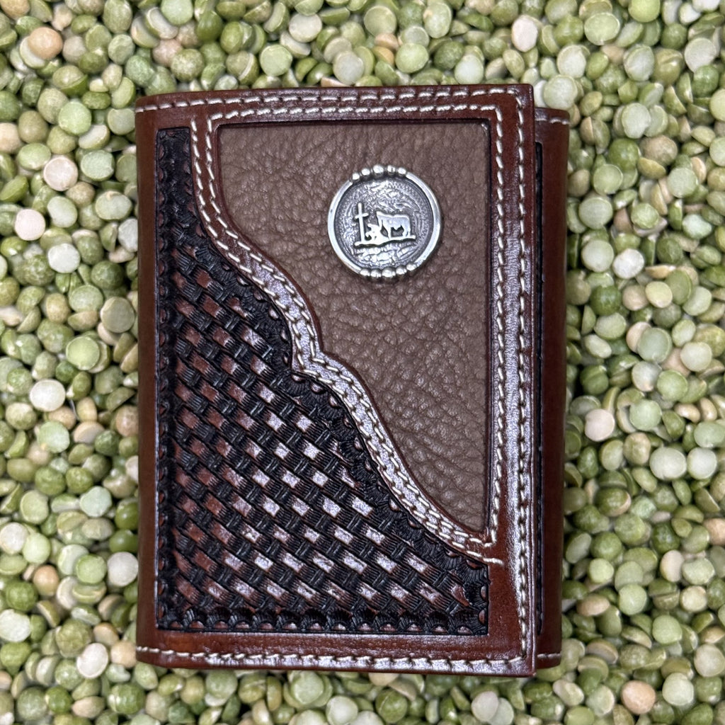 Men's Brown Tooled Overlay Praying Cowboy Concho Trifold Wallet