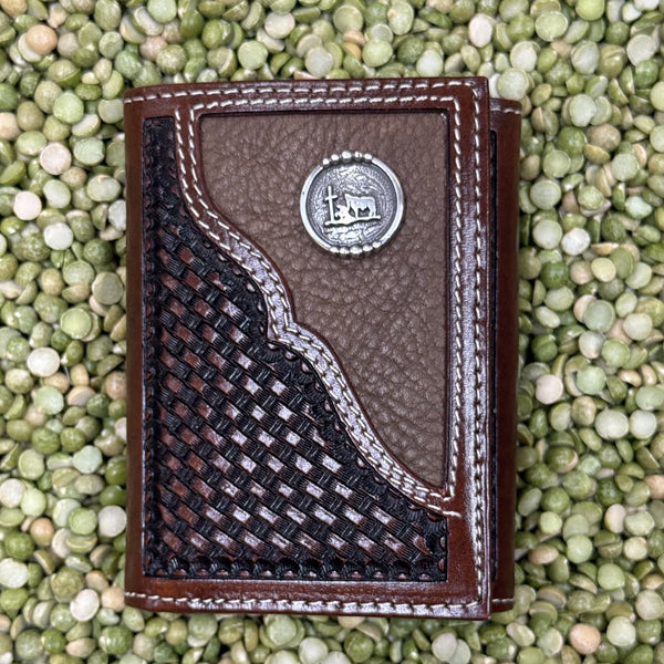Men's Brown Tooled Overlay Praying Cowboy Concho Trifold Wallet