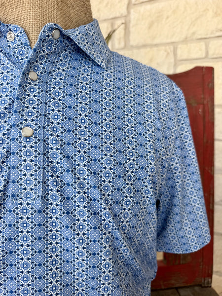 Men's Ferrell Light Blue Print Short Sleeve Snap Polo Shirt