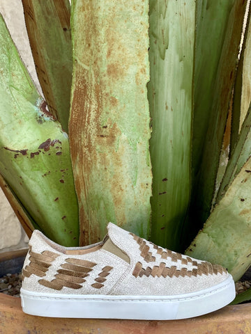 Women's cream and tan two-tone woven leather slip-on sneaker with elastic gusset side panel, round toe, and white rubber outsole — Blair's Western Wear Marble Falls TX