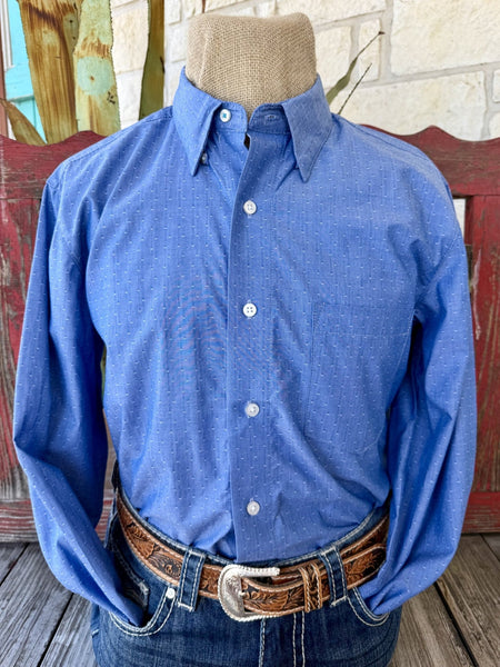 Men's blue polka dot long sleeve button-up shirt with point collar and single chest pocket, front view — Blair's Western Wear Marble Falls TX