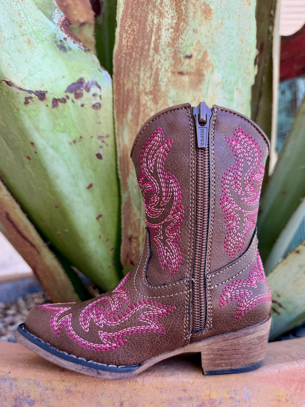 Kids' Brown & Pink Embroidered Western Boots