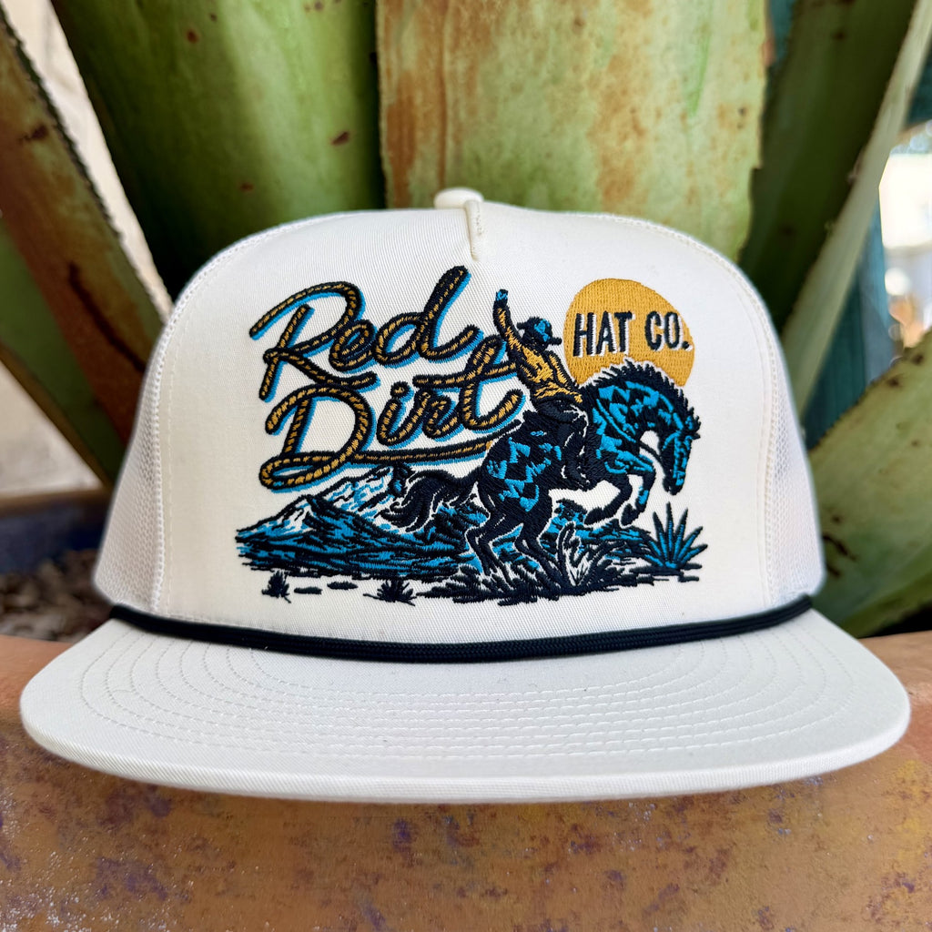 Men's natural and turquoise mesh trucker cap with embroidered blue stallion graphic — Blair's Western Wear Marble Falls TX