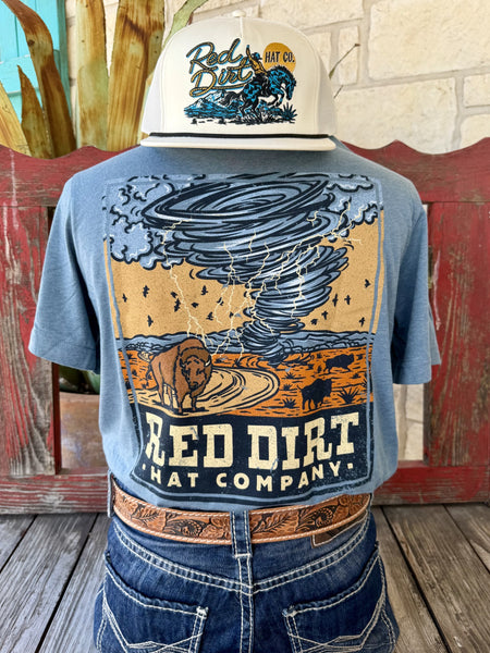Men's heather blue Red Dirt Hat Co. Buffalo Storm short sleeve tee with bold gold tan navy tornado buffalo lightning plains back graphic and RED DIRT HAT COMPANY distressed block letter text, back view styled with jeans and tooled leather belt — Blair's Western Wear Marble Falls TX