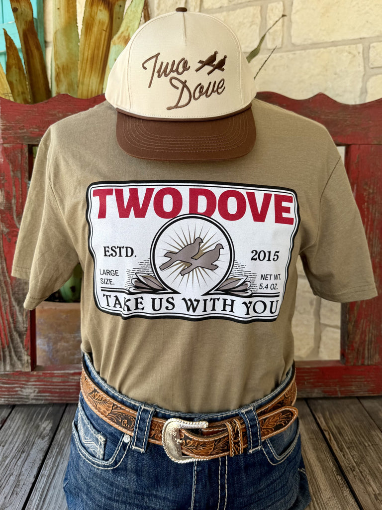 Men's tan Two Dove Take Us With You short sleeve tee back view showing black Two Dove two dove silhouette back collar logo, styled with jeans and tooled leather belt — Blair's Western Wear Marble Falls TX