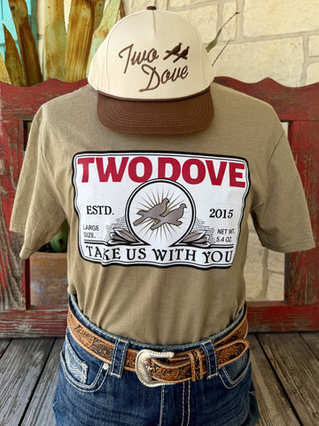 Men's tan Two Dove Take Us With You short sleeve tee back view showing black Two Dove two dove silhouette back collar logo, styled with jeans and tooled leather belt — Blair's Western Wear Marble Falls TX