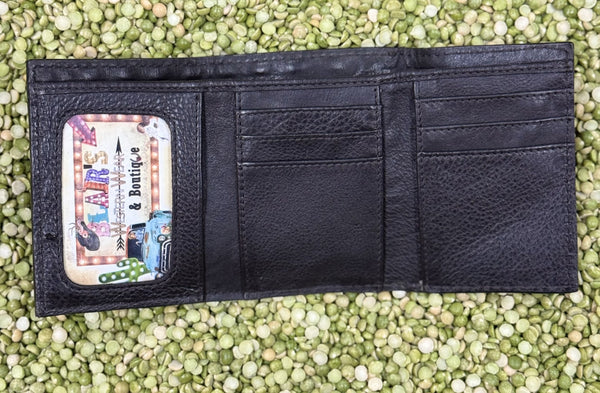 Men's Floral Tooled Turquoise Overlay Whip Stitch Trifold Wallet