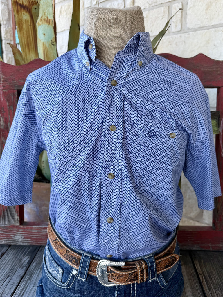 Men's white and navy Western print short sleeve button-up shirt — Blair's Western Wear Marble Falls TX