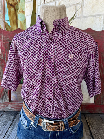 Men's plum and peach Western print short sleeve button-up shirt — Blair's Western Wear Marble Falls TX