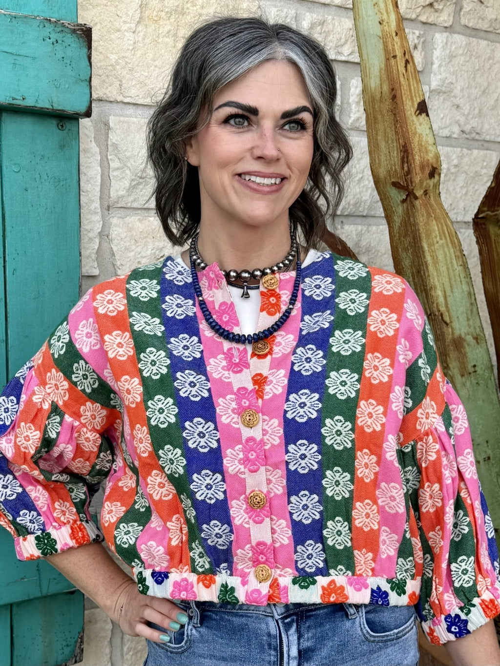 Women's Multicolor Floral Stripe Button-Up Blouse