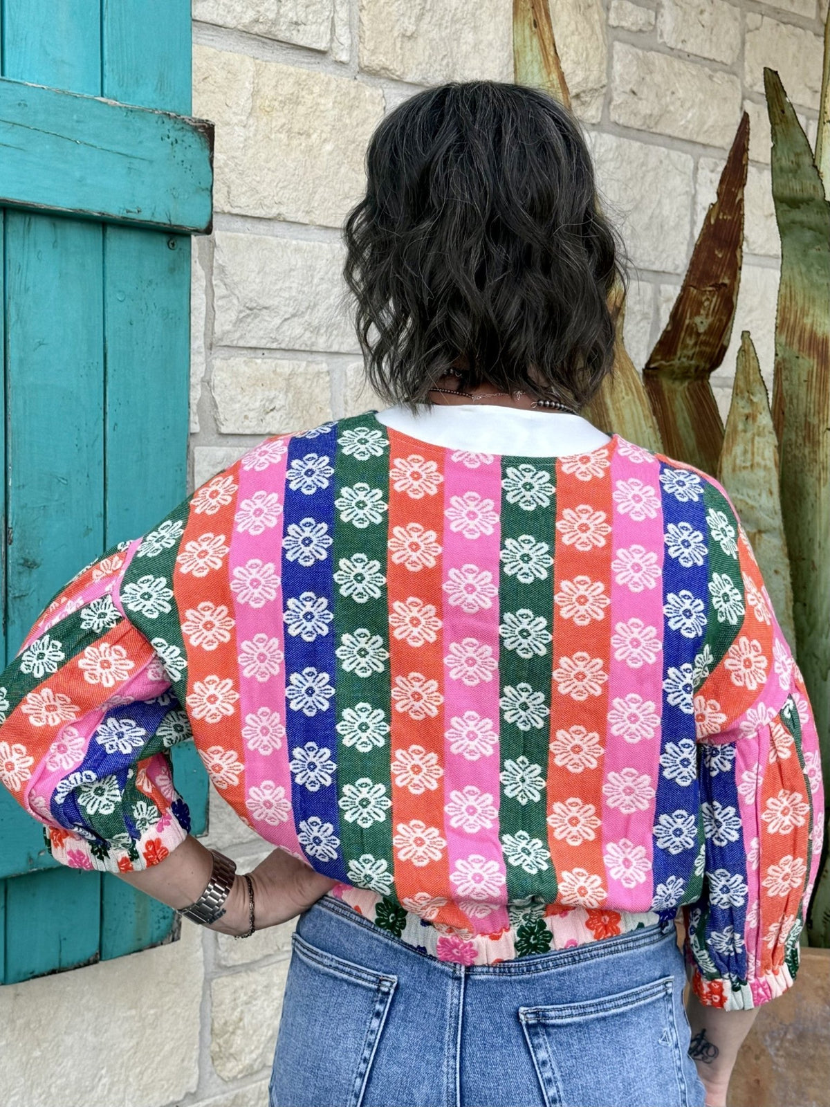 Women's Multicolor Floral Stripe Button-Up Blouse