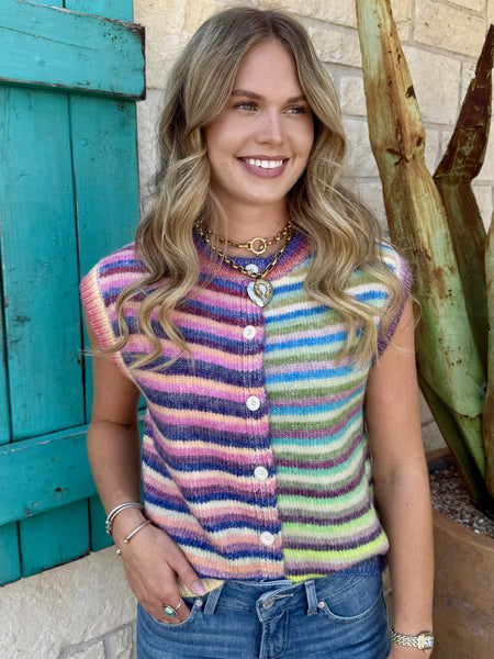 Women's multi-color stripe knit sweater vest with sleeveless silhouette and relaxed fit — Blair's Western Wear Marble Falls TX