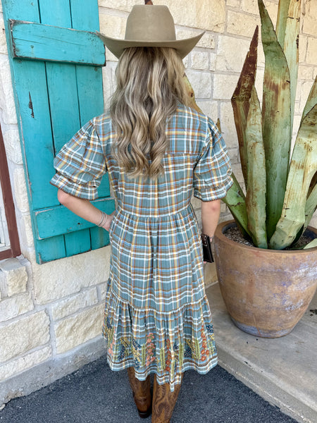 Embroidered Floral Hem Plaid Dress