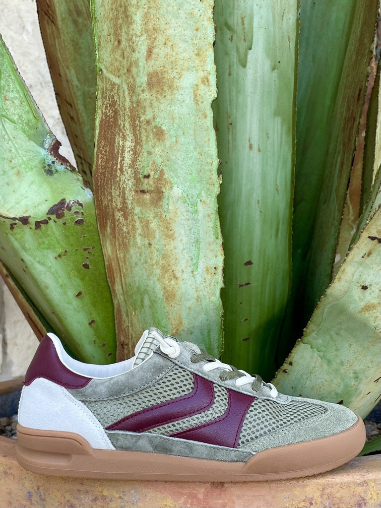 Full side profile — olive mesh/suede, burgundy side stripe, two-tone laces, tan gum sole