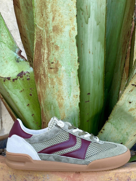  Full side profile — olive mesh/suede, burgundy side stripe, two-tone laces, tan gum sole