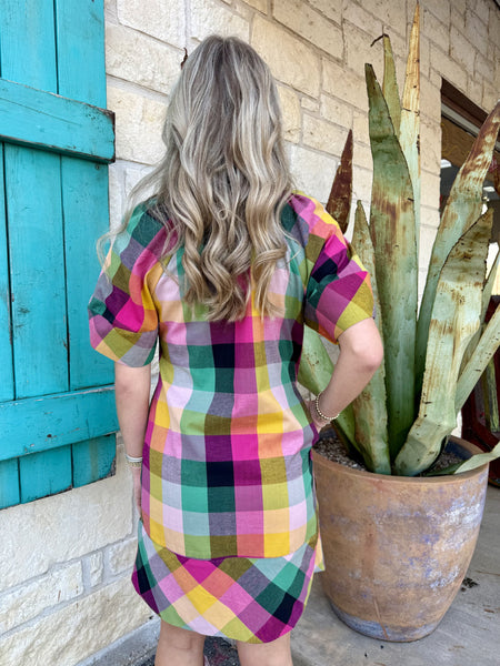 Multicolor Plaid V-Neck Short Sleeve Shift Dress