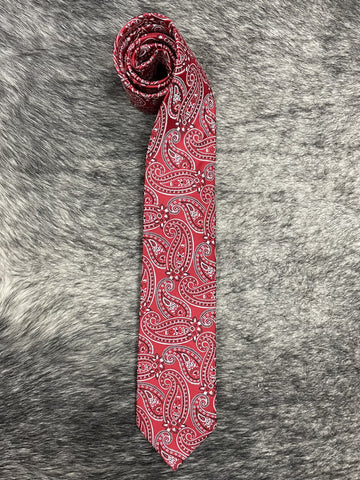 Men's red and white paisley necktie folded flat, bold red ground with intricate white and black paisley print — Blair's Western Wear Marble Falls TX
