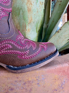 Kids' Brown & Pink Embroidered Western Boots