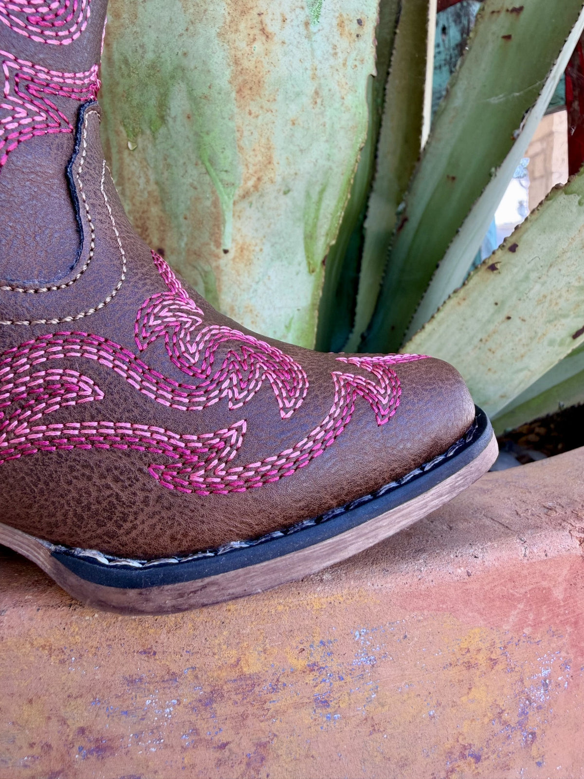 Kids' Brown & Pink Embroidered Western Boots