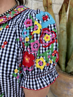 Women's Black and White Gingham Embroidered Blouse