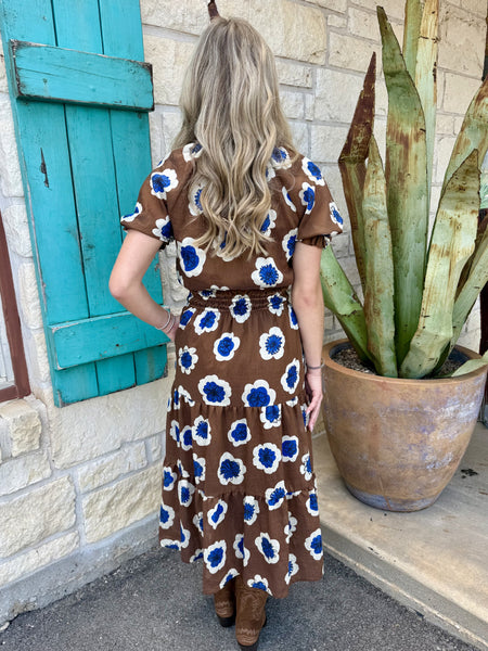Retro Floral Short Sleeve Midi Dress